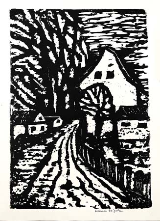 Dorfstraße, Holzschnitt 1949